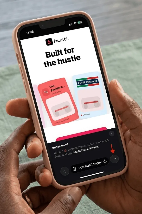 Step 1: Open app.hustl.today in Safari and tap the Share button.
