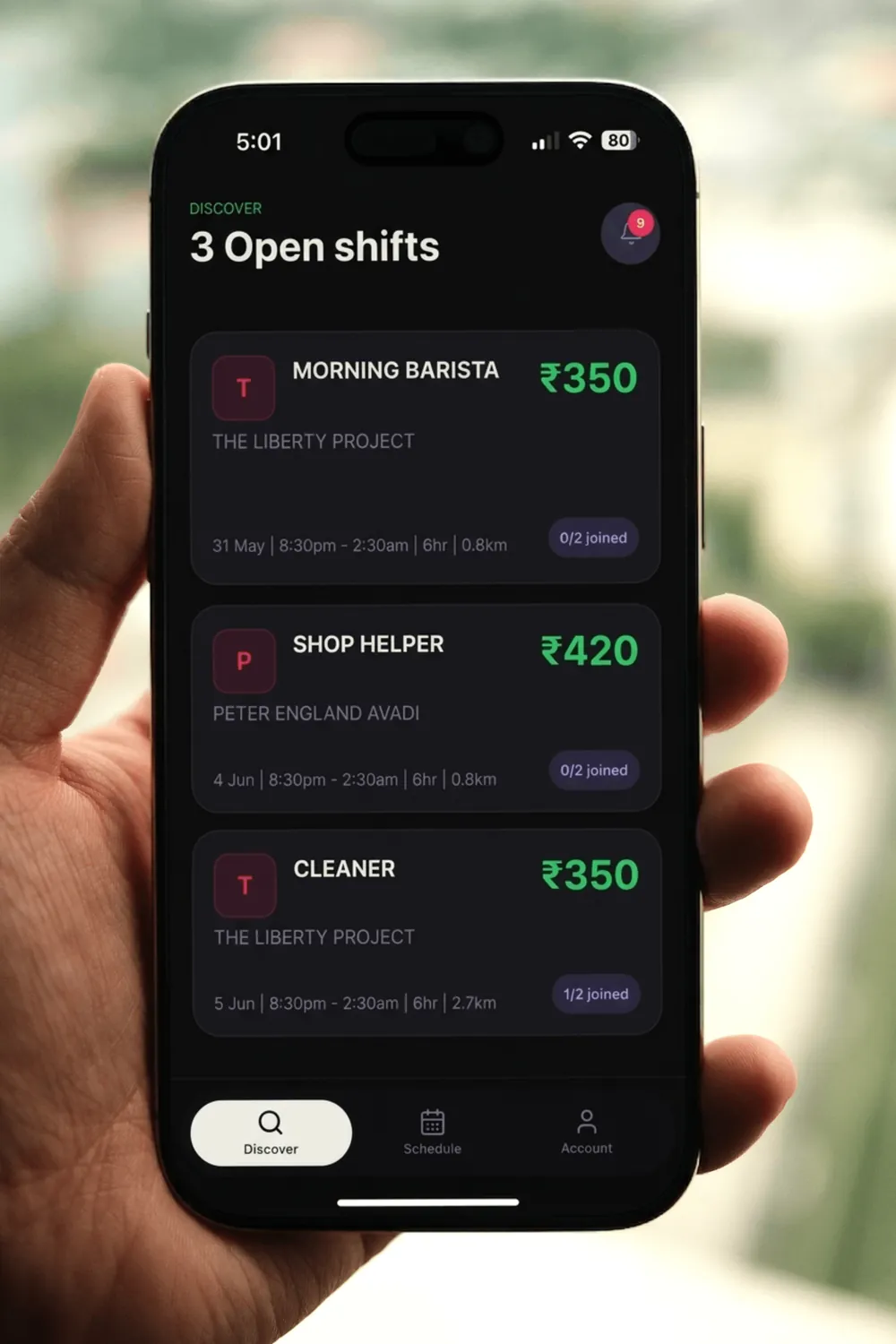 Hustl app showing open shifts near you with pay and distance