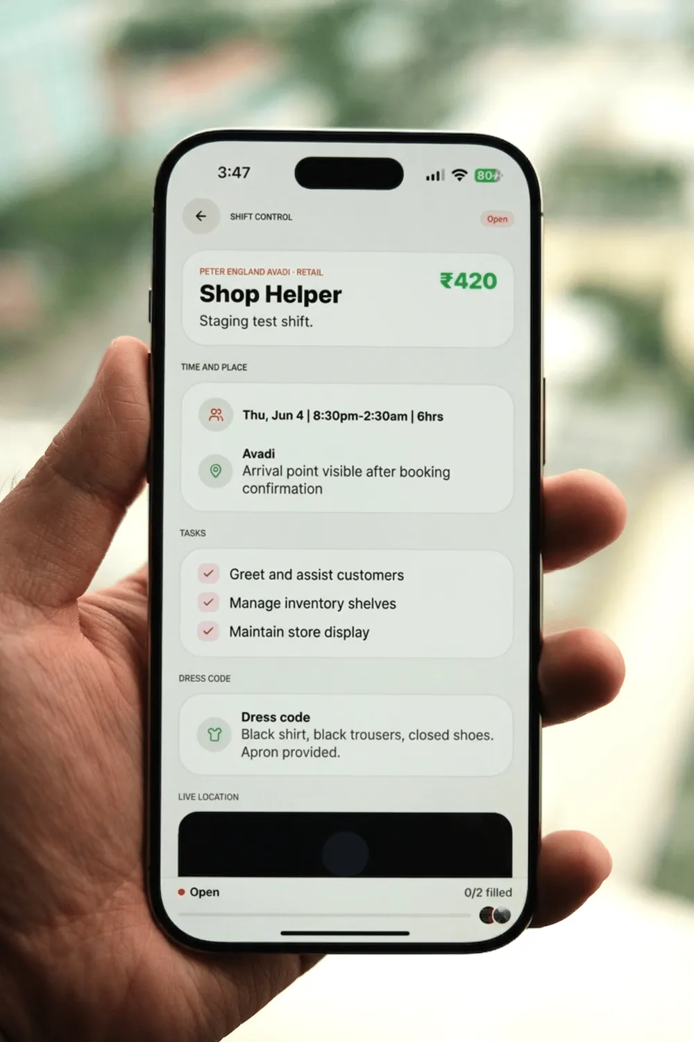 Partner app: live shift detail with tasks and location