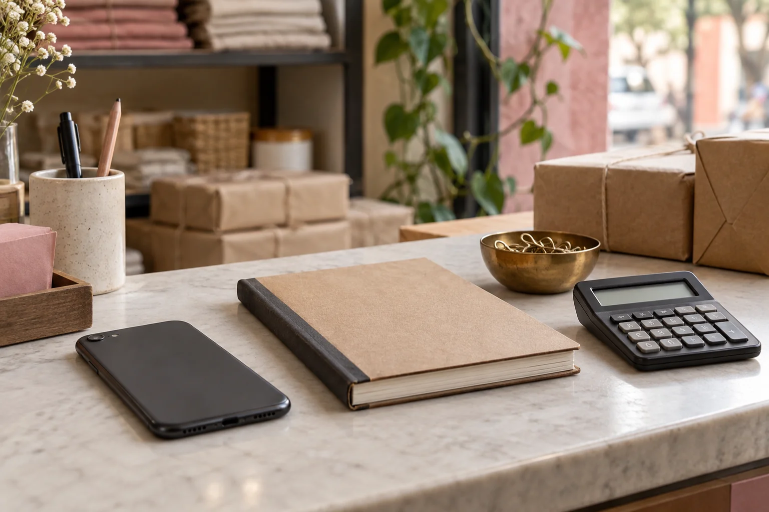 Illustration of a small business counter with a ledger, calculator and phone