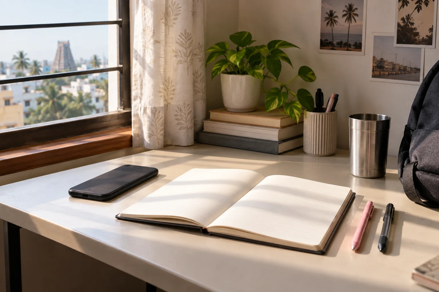 Illustration of a student's desk with a phone, notebook and backpack